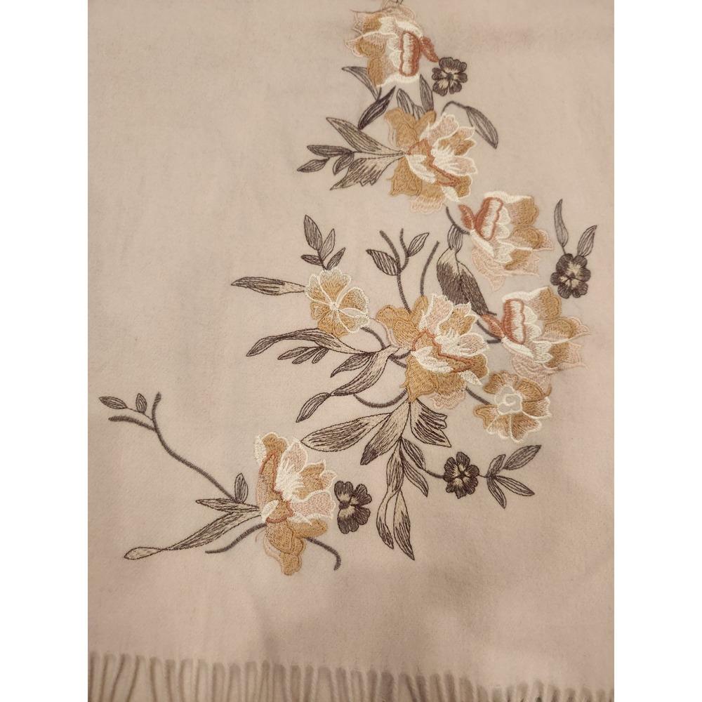 100% Wool Floral Embroidered Long Rectangle Scarf Cream Tan Oatmeal Approx 78x23 - Picture 8 of 9